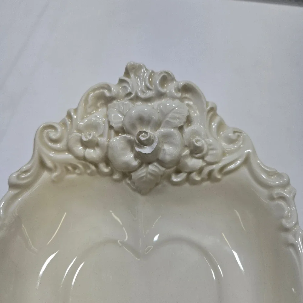 Bullock's Trinket Dish Cream Heart Floral Rose Italian Coquette Ceramic Vintage